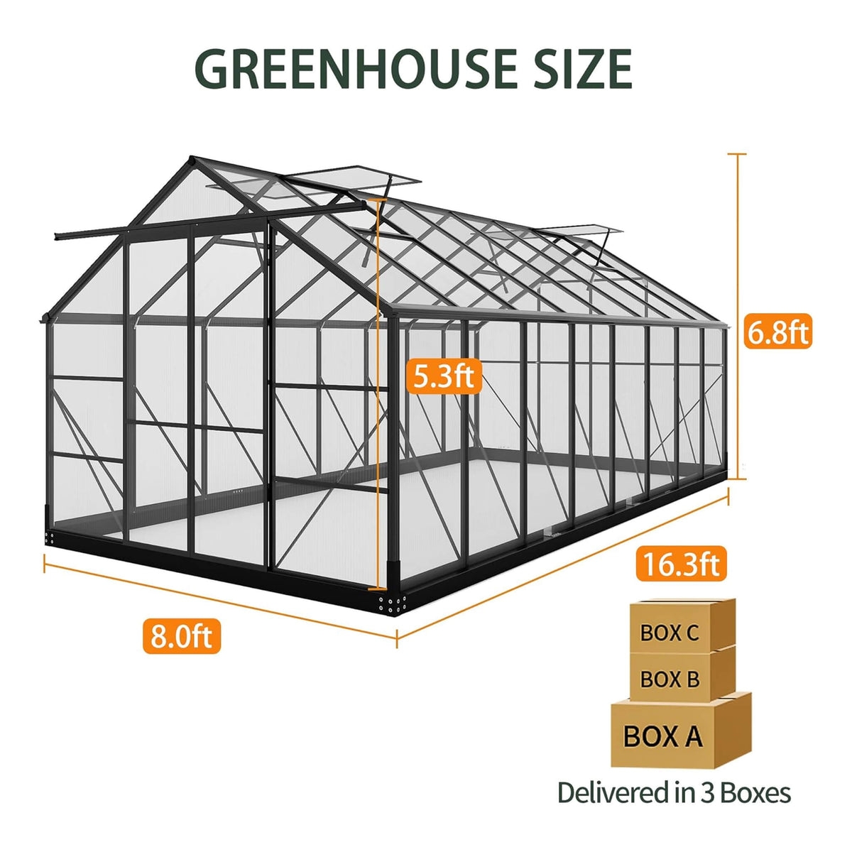 [08X16FT] Premium Outdoor Walk-In Polycarbonate Greenhouse With Roof Vents & Sliding Doors, 4MM (SAK72649)