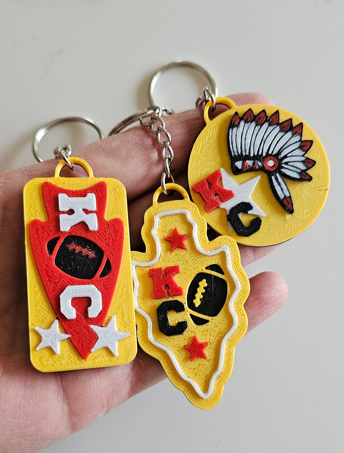 Set of 3 3D Print Chiefs Arrowhead Kc Kansas City Football Keychains Made in America
