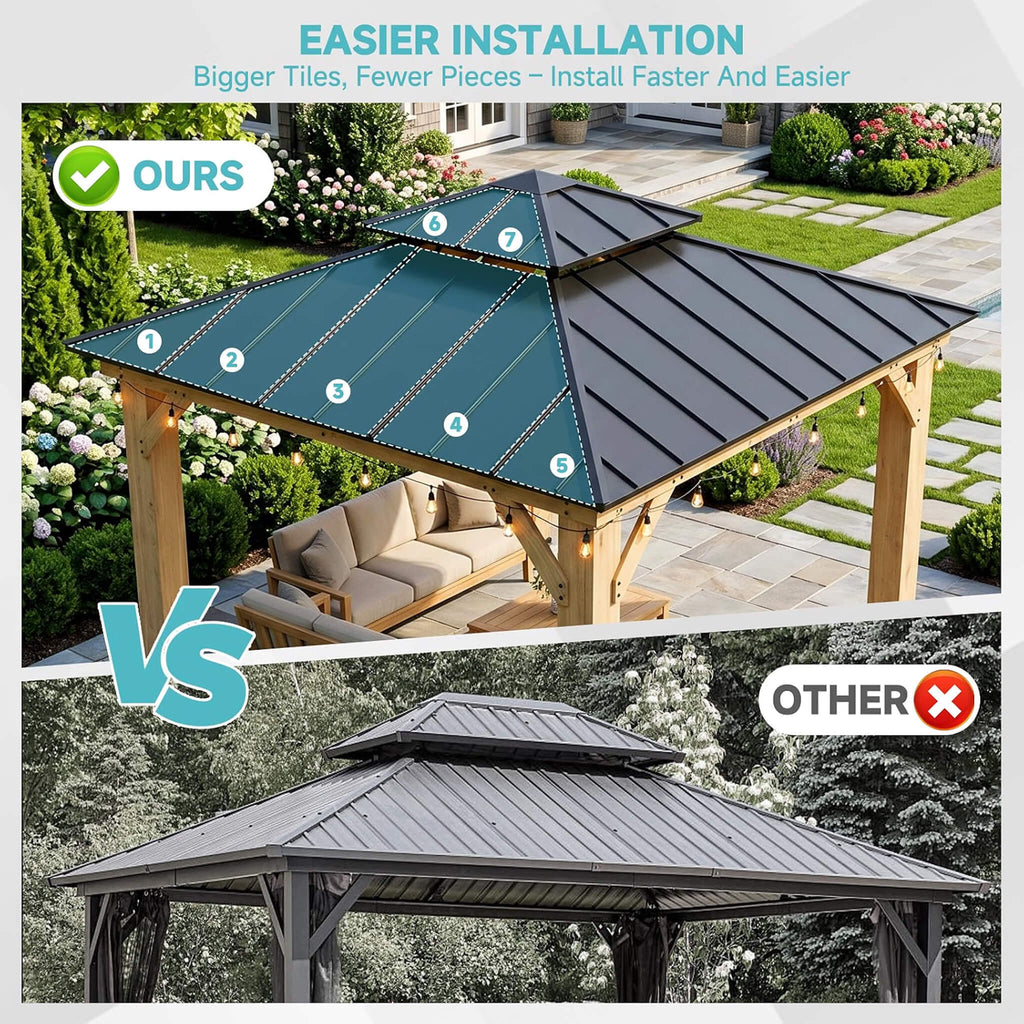[10X10FT] Permanent Galvanized Steel Double Roof Cedar Wood Gazebo (SAK73842)