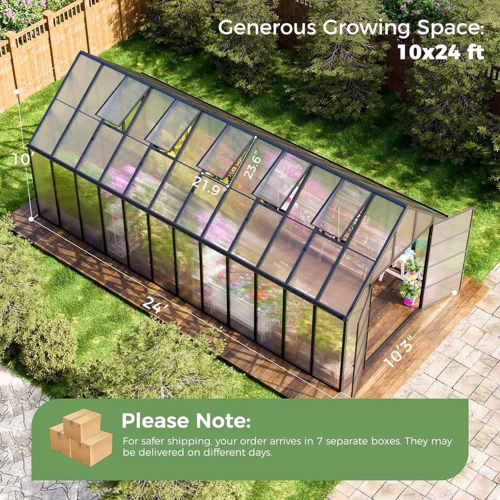 [10X24FT] Heavy-Duty Outdoor Aluminum Polycarbonate Greenhouse With Roof Vents And Swing Doors, 4MM (SAK97032)