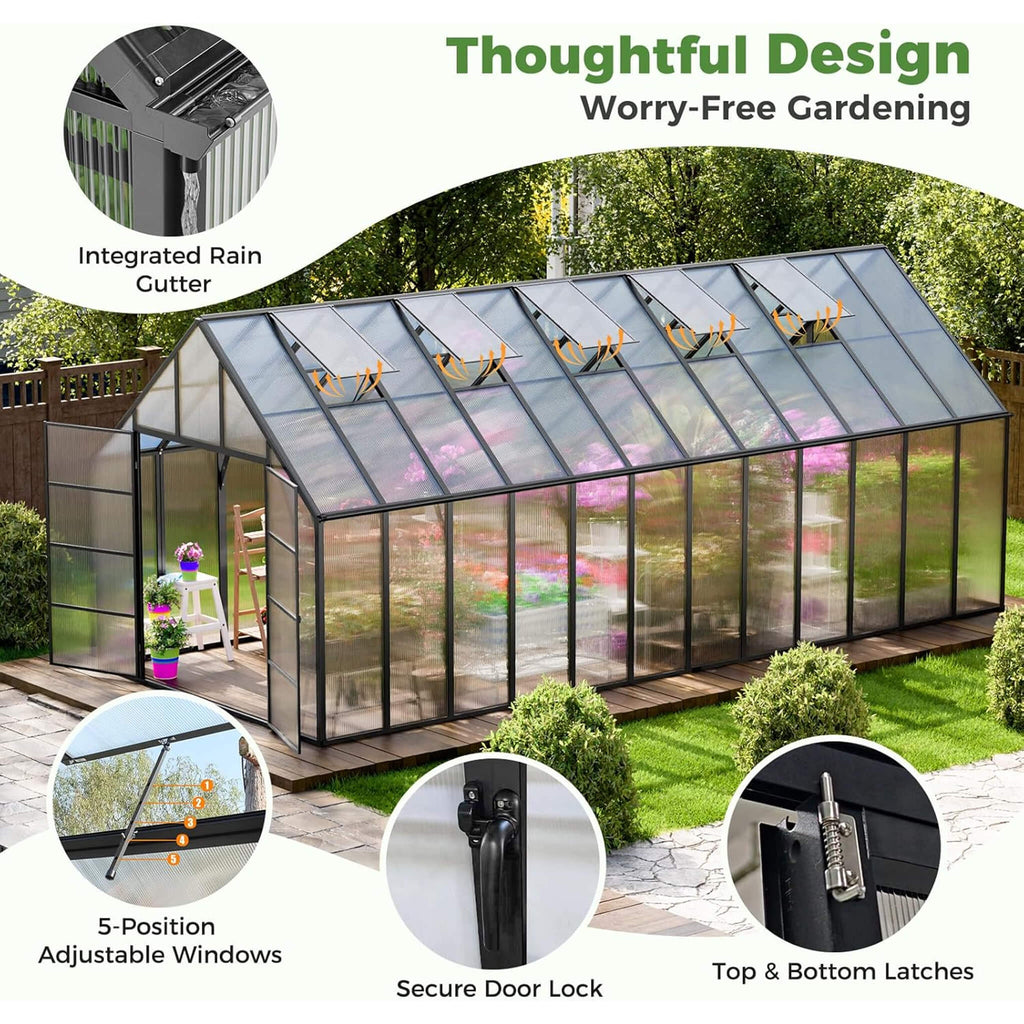 [10X24FT] Heavy-Duty Outdoor Aluminum Polycarbonate Greenhouse With Roof Vents And Swing Doors, 4MM (SAK97032)