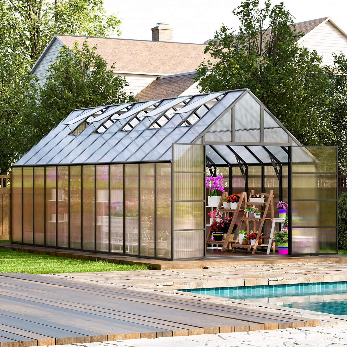 [10X24FT] Heavy-Duty Outdoor Aluminum Polycarbonate Greenhouse With Roof Vents And Swing Doors, 4MM (SAK97032)