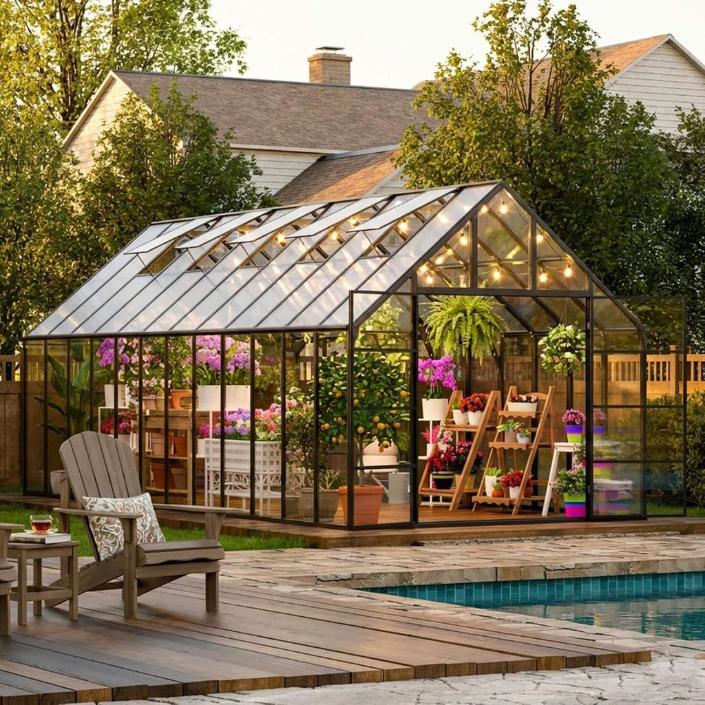 [10X24FT] Heavy-Duty Outdoor Aluminum Polycarbonate Greenhouse With Roof Vents And Swing Doors, 4MM (SAK97032)