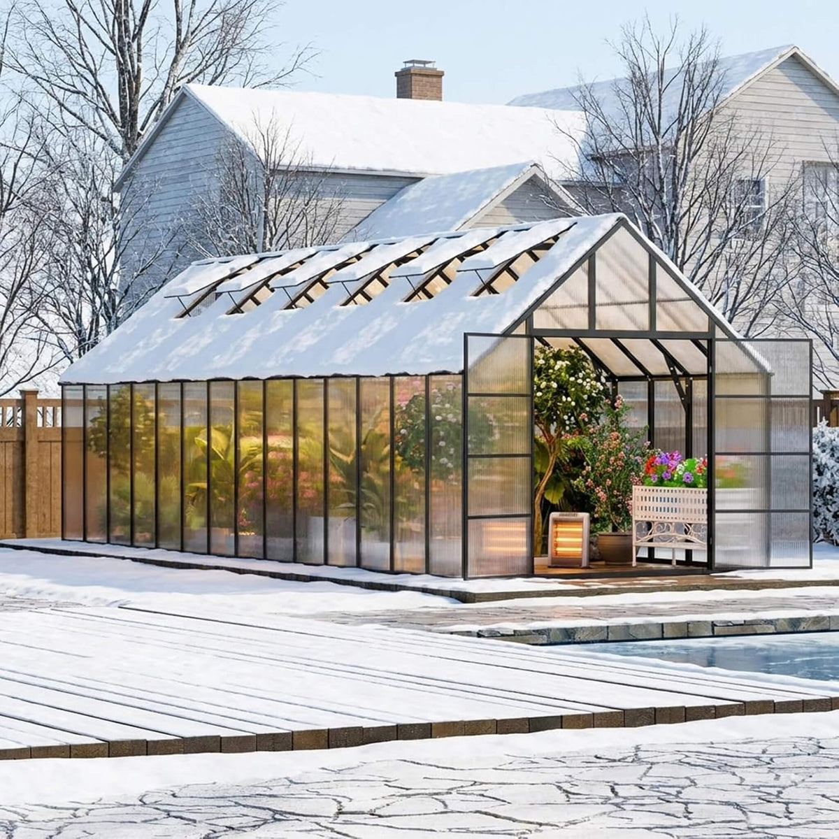 [10X28FT] Heavy-Duty Outdoor Aluminum Polycarbonate Greenhouse With Roof Vents And Swing Doors, 4MM (SAK24618)