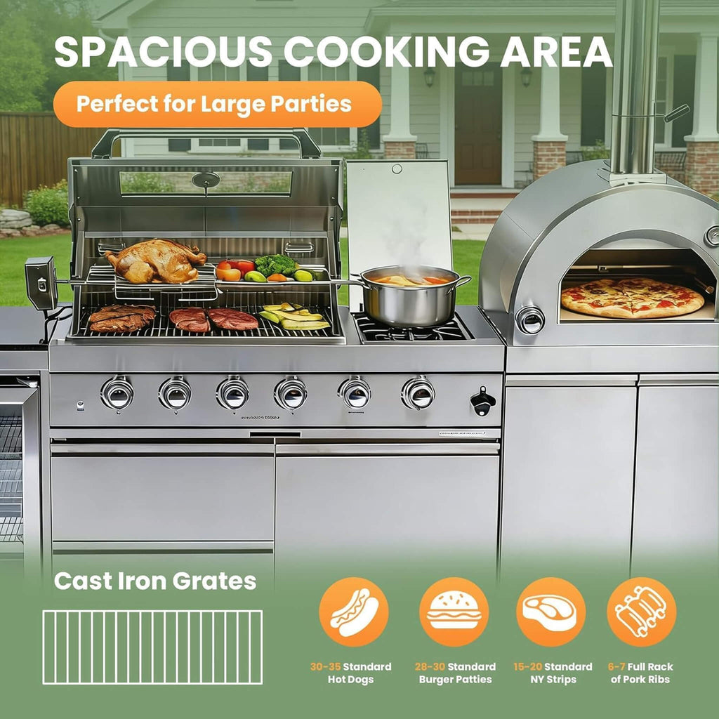 112-Inch 4-Burner 108K BTU Outdoor Kitchen Island With Pizza Oven, Rotisserie & Refrigerator (SAK94565)