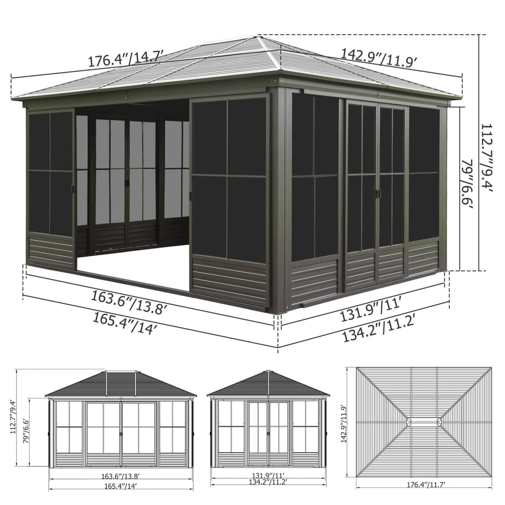 [12X14FT] Serenity Premium All-Weather Outdoor Aluminum Sunroom With Galvanized Steel Hardtop Sloping Roof, Lockable Doors, And Moveable PC Screens (SAK76831)