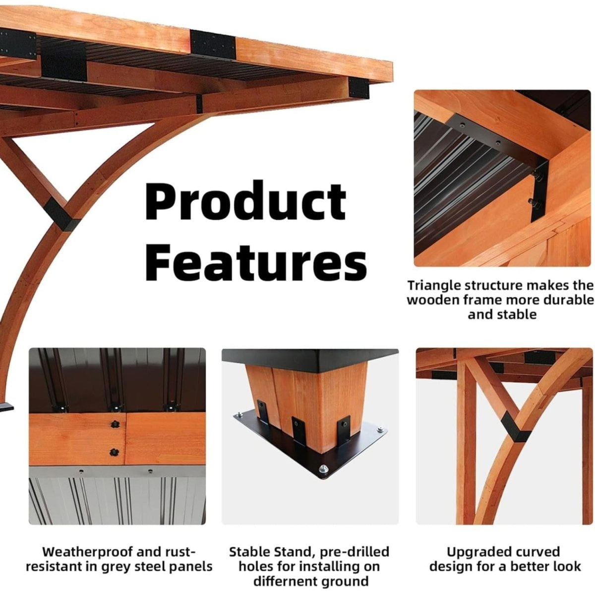 [12X18FT] Premium Heavy-Duty Pine Wood Arc-Shaped Carport With Metal Roof (SAK94716)
