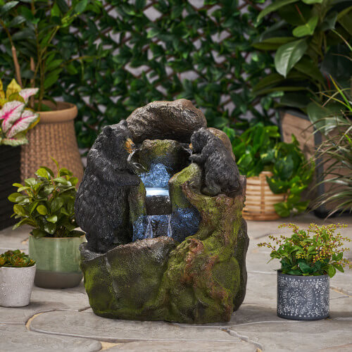 22-Inch Weather-Resistant Outdoor Bears On A Log Floor Fountain With LED Lights (SAK77651)