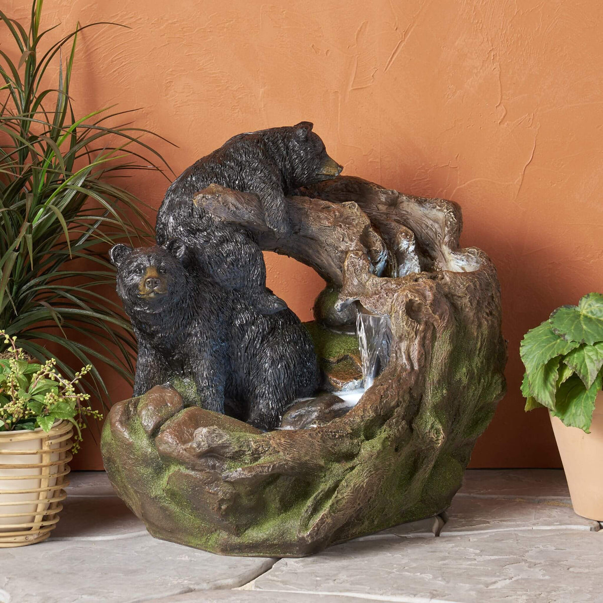 22-Inch Weather-Resistant Outdoor Bears On A Log Floor Fountain With LED Lights (SAK77651)