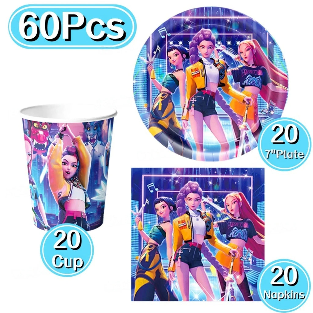 60Pcs Kpo Girl Theme Disposable Tableware Set Cartoon Paper Plates Cups Napkins Kids Birthday Baby Shower Party Supplies Decor