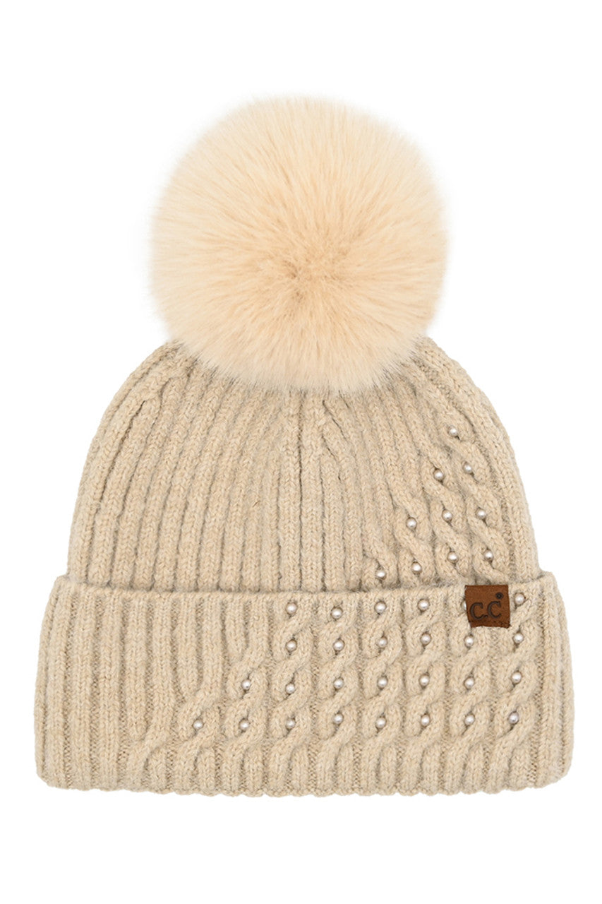 C.C Cable Pom With Pearl Embellishments Beanie