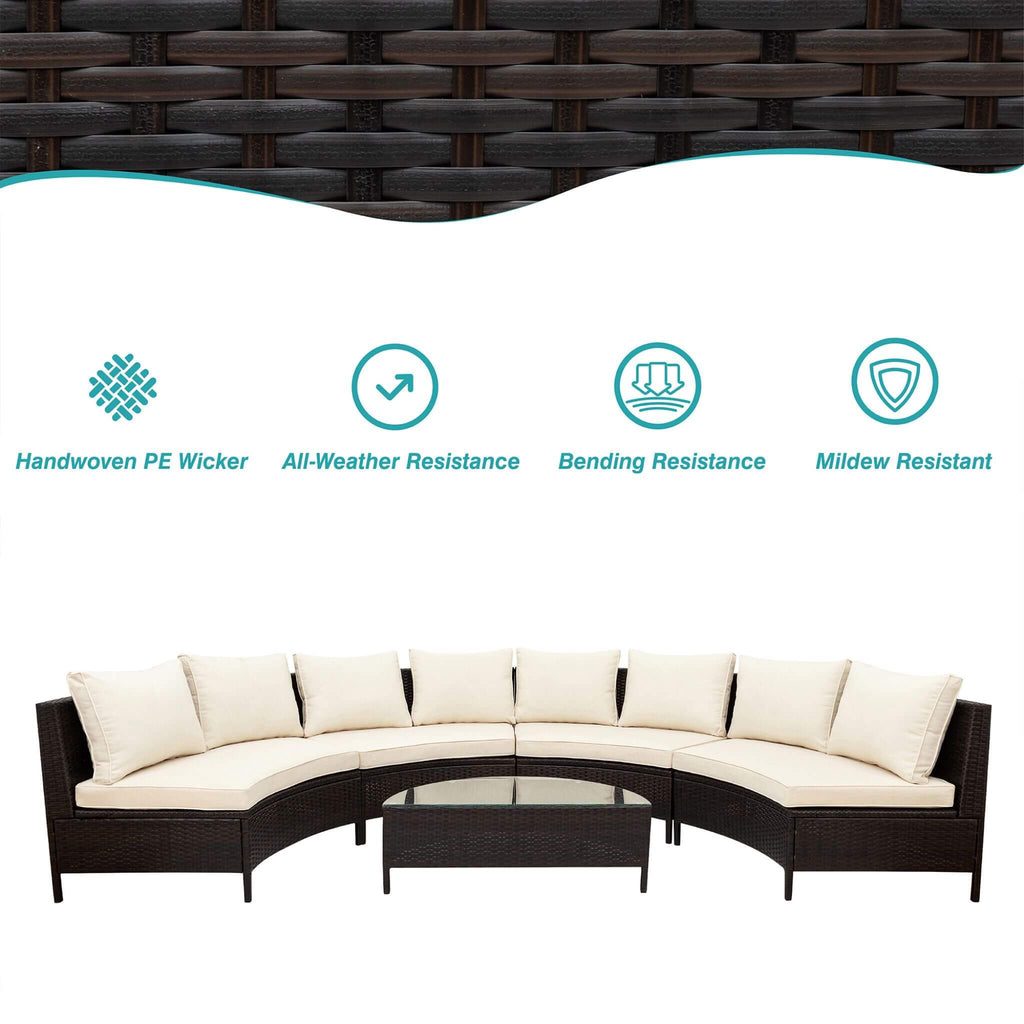 Premium 5-Piece All-Weather Half-Moon Outdoor Rattan Wicker Patio Sectional Sofa Furniture Set With Tempered Glass Table (SAK32615)