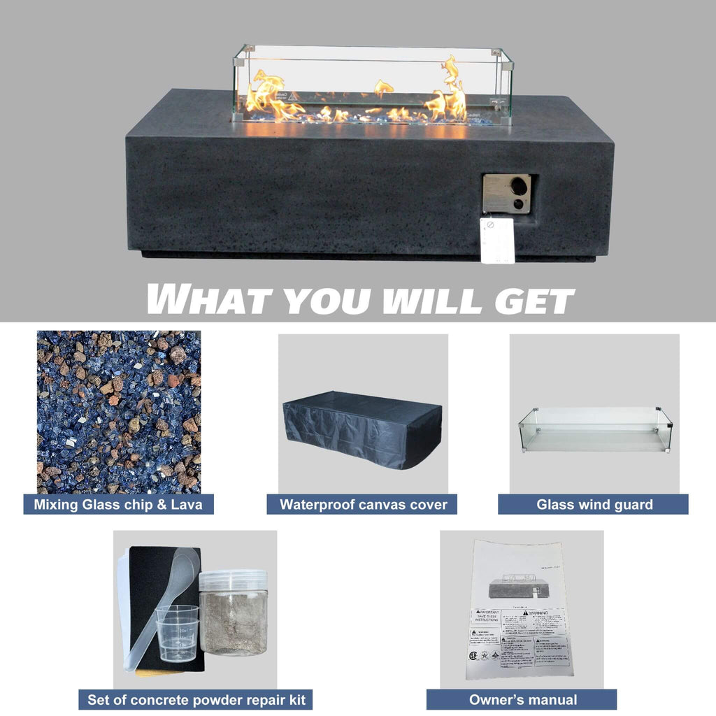 52-Inch Portable Concrete Rectangular Propane Fire Pit Table With Repair Kit (SAK52304)
