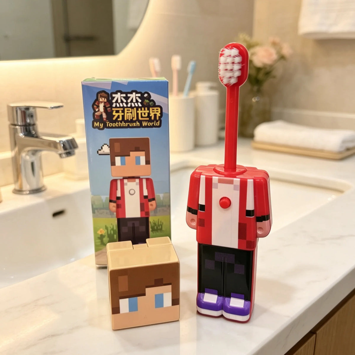 2026 Hot Anime world Scalable Toothbrush Cute MC Figures Transformable Soft Bristled Toothbrush Fine Bristled Gifts