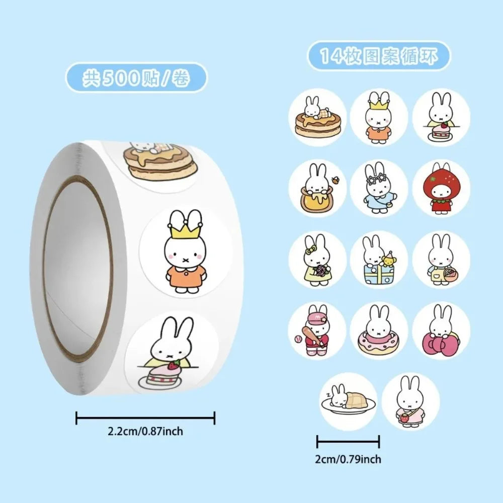 500Pcs Kawaii Miffy Rabbit Sticker Seal Cartoon Rabbit Roll Decoration Kawaii Sticker Cartoon Waterproof Stickers Toy
