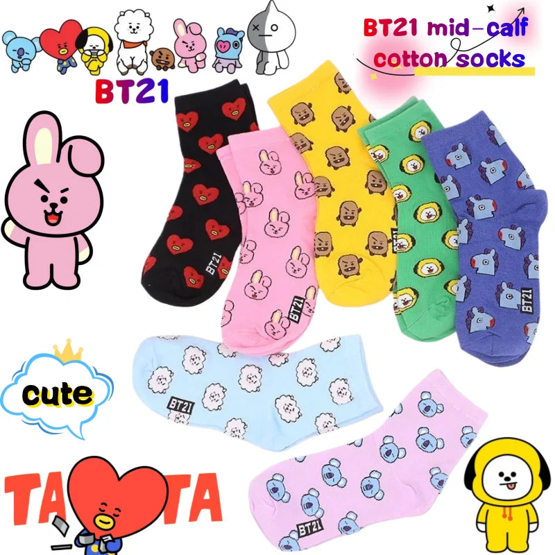 BT21 Koya RJ Cooky Shooky Tata mid-calf socks creative high-fashion anime cartoon print couple autumn and winter warm long socks