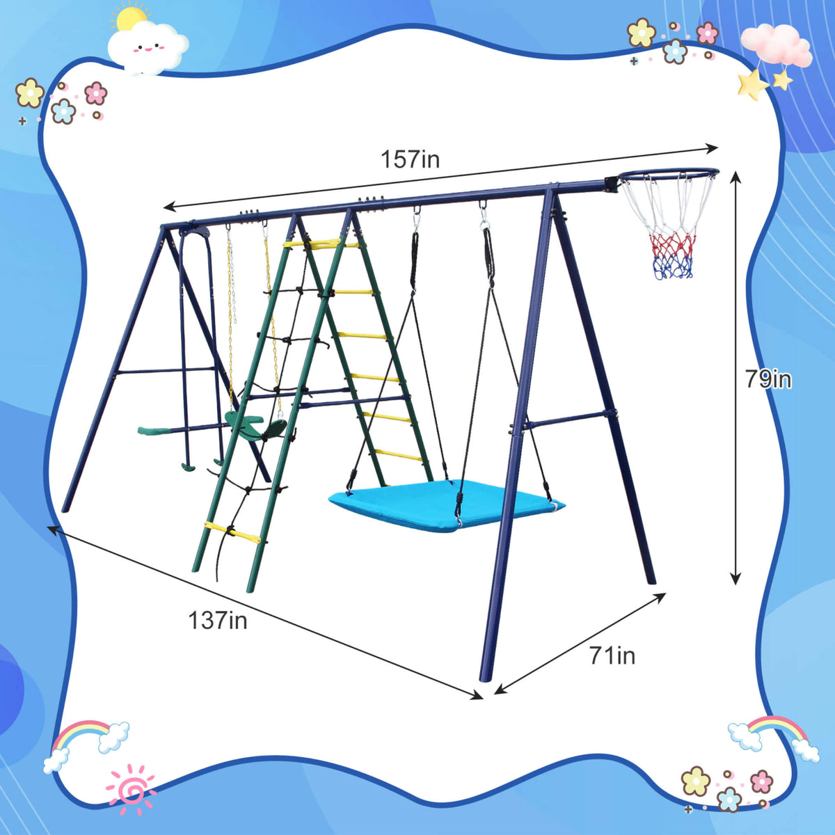 6-In-1 Outdoor Swing Set With Climbing Ladder Net And Basketball Hoop (SAK98152)