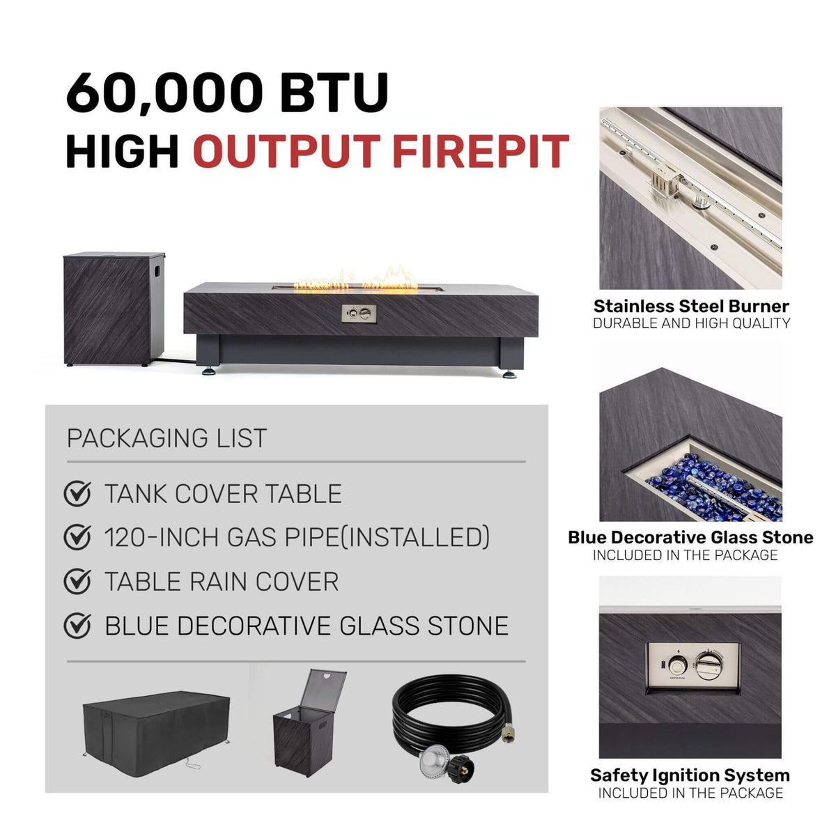 Premium 60-Inch Rectangular Outdoor Modern Propane Fire Pit Table With Rain Cover (SAK91273)