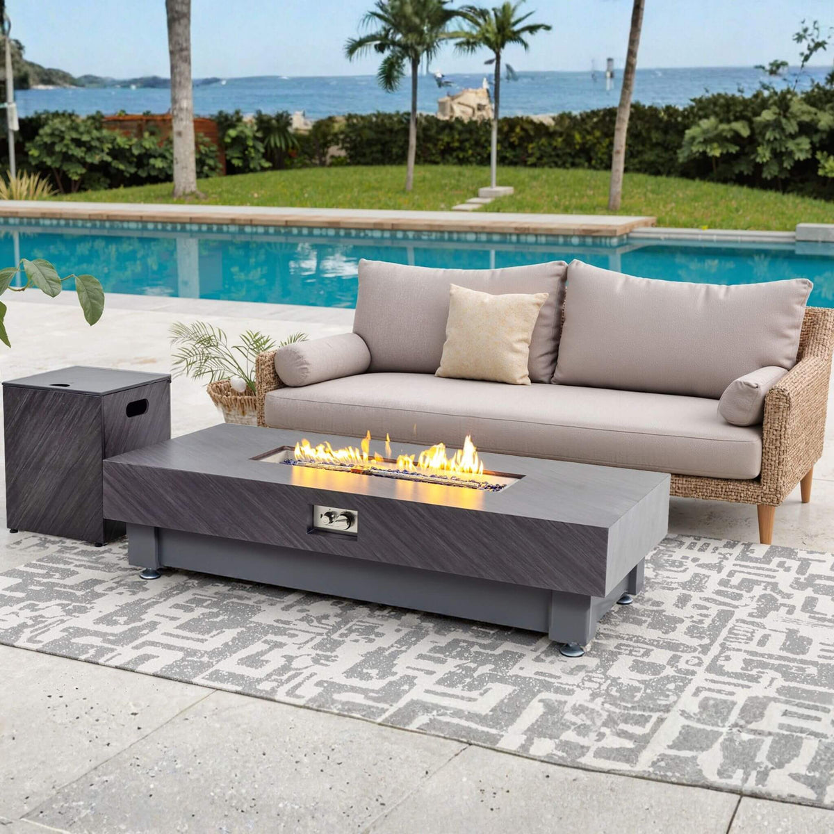 Premium 60-Inch Rectangular Outdoor Modern Propane Fire Pit Table With Rain Cover (SAK91273)