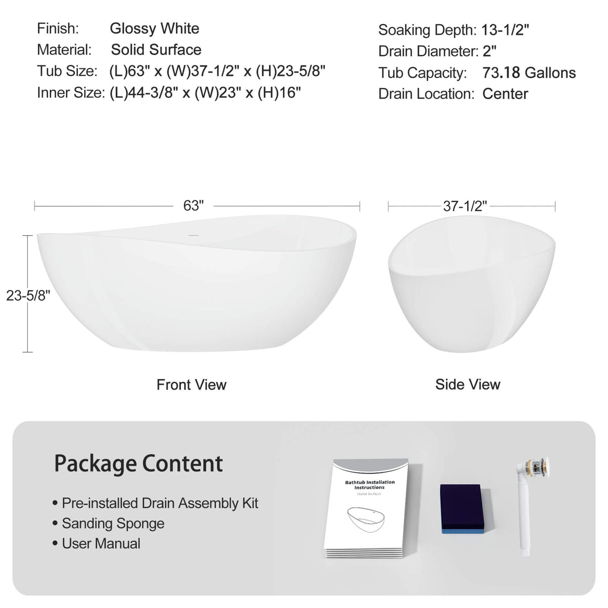 63-Inch Freestanding Glossy White Stone Resin Bathtub With Overflow And Drain (SAK42613)