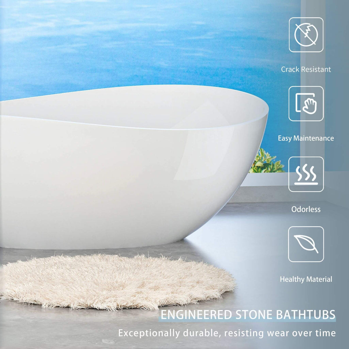 63-Inch Freestanding Glossy White Stone Resin Bathtub With Overflow And Drain (SAK42613)