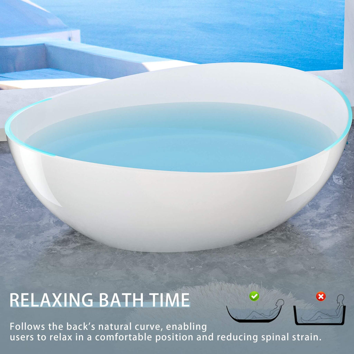 63-Inch Freestanding Glossy White Stone Resin Bathtub With Overflow And Drain (SAK42613)