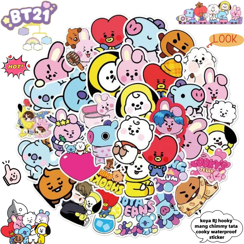 BT21 koya RJ Shooky Man Chimmy Tata Cooky Secondary Animation Peripheral Cartoon Sticker Cute Creative Waterproof Sticker Gift