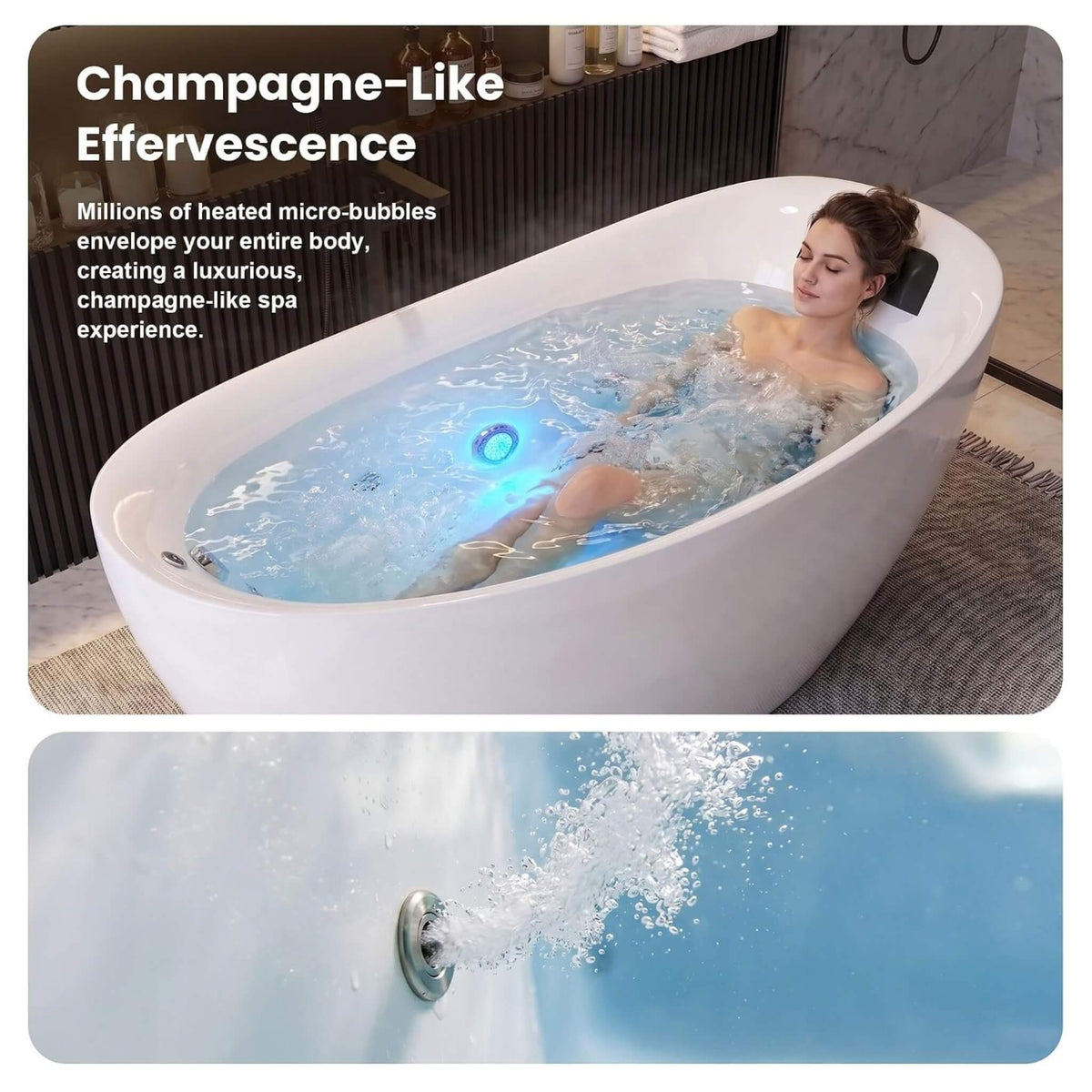 Elaris 71-Inch Acrylic High-Back Oval Whirlpool Tub With 6 Jets LED Light And Gel Pillow (SAK21370)
