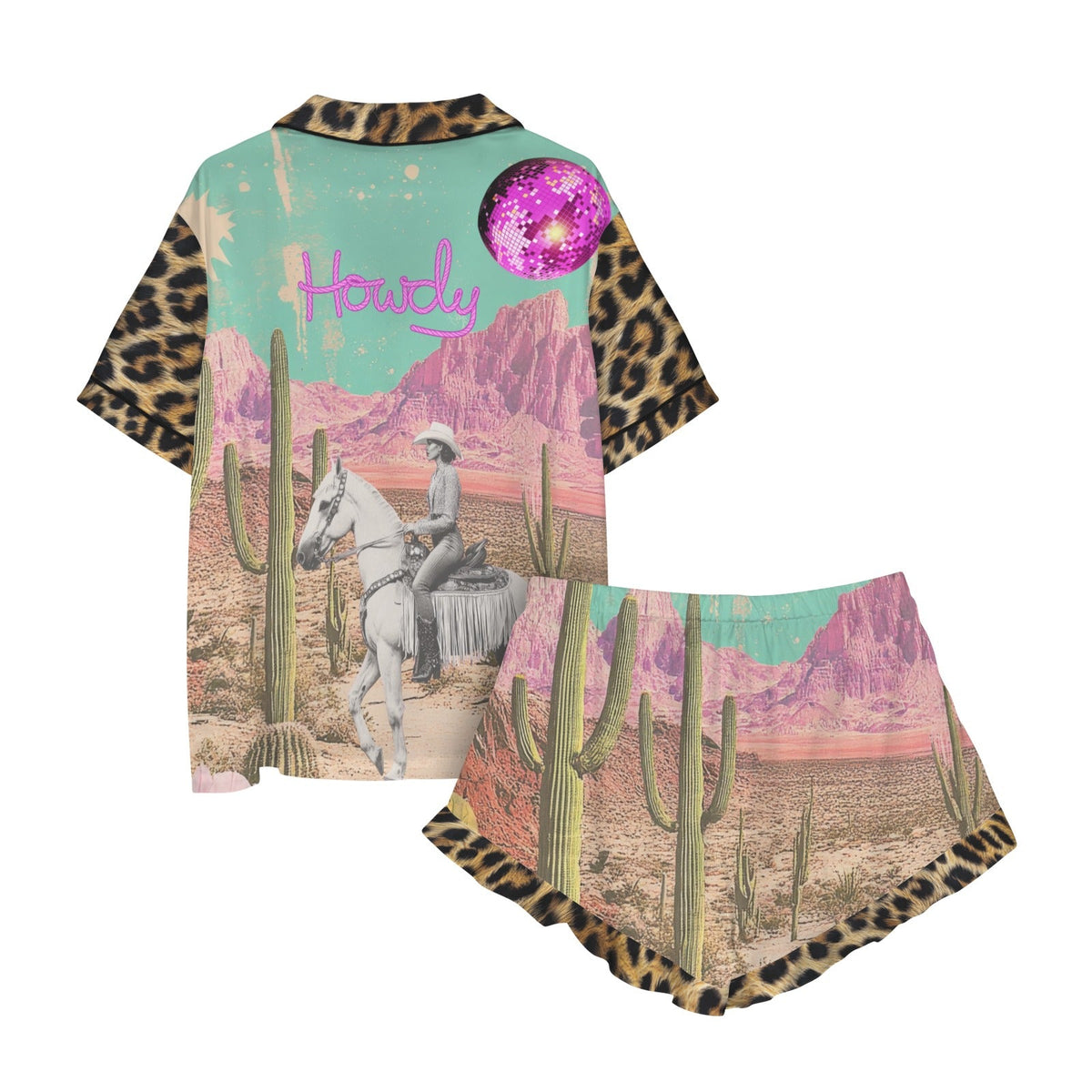 Baha Ranch Retro Pop Western Leopard Desert Cowgirl Satin Pajamas