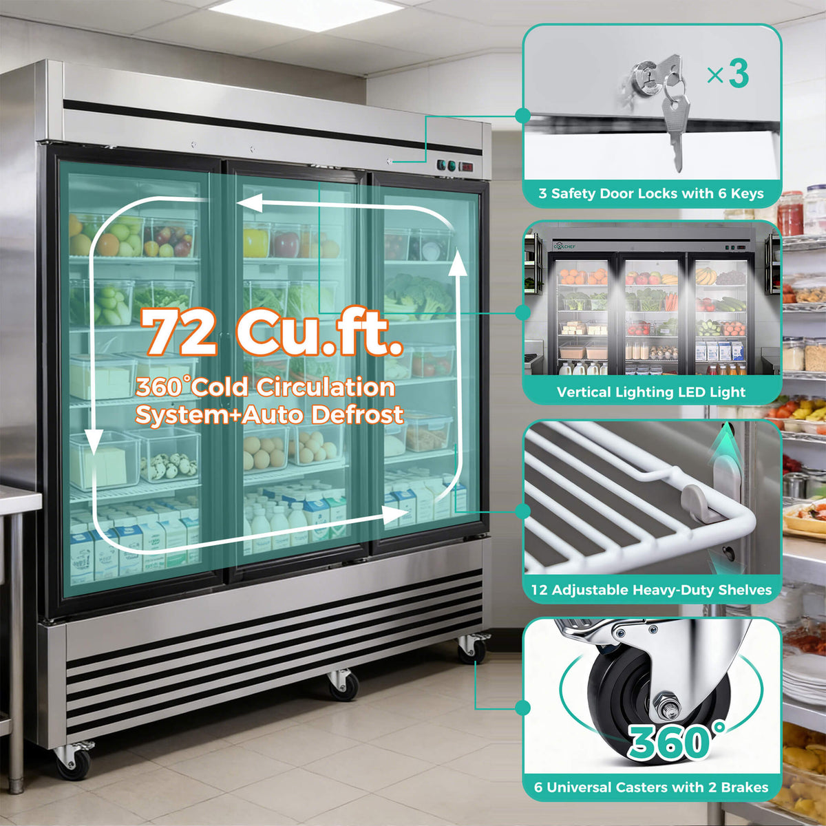 72 Cu.Ft Triple-Door Stainless Steel Commercial Reach-In Display Refrigerator (SAK26394)