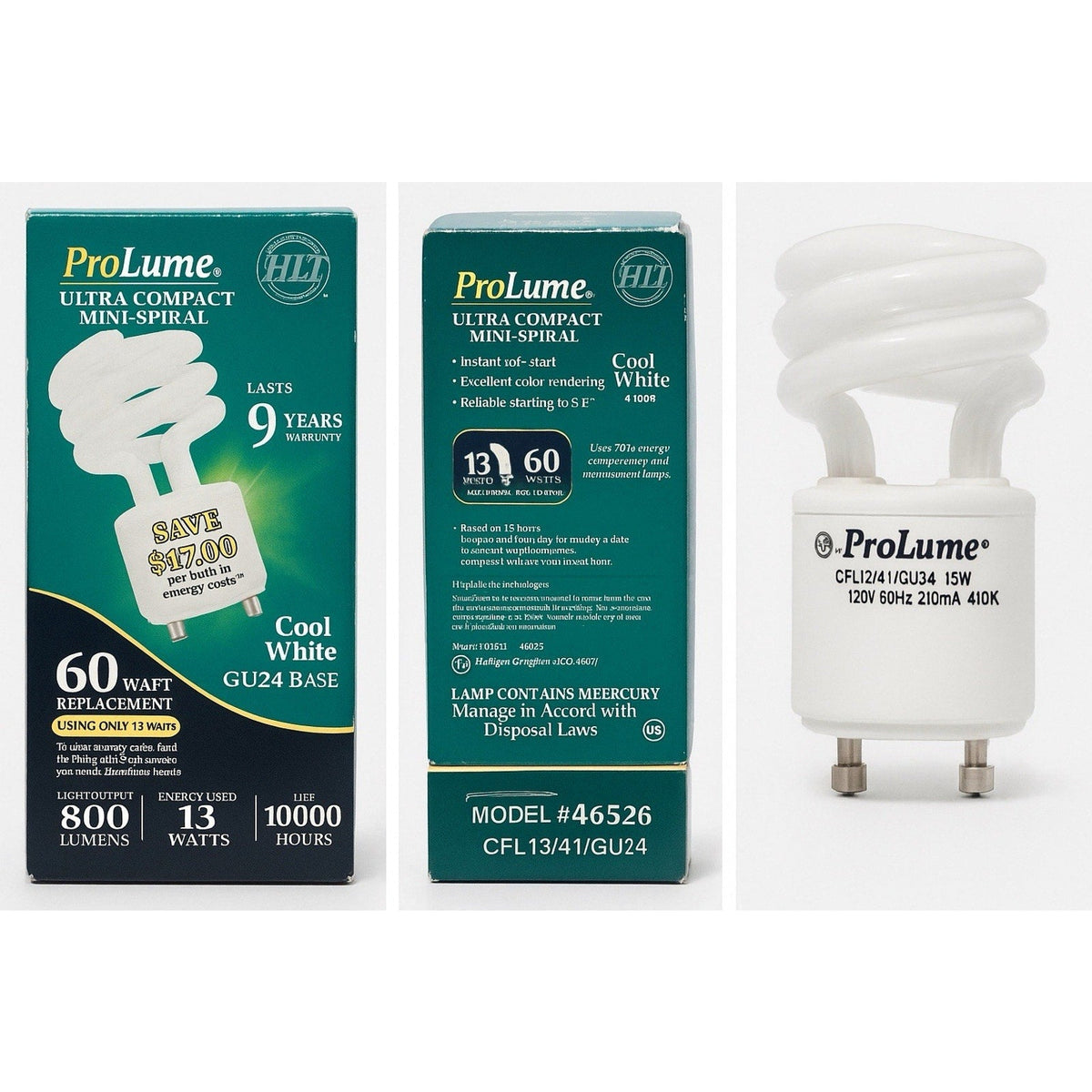 ProLume Ultra Compact Mini-Spiral CFL Bulb 13W = 60W Cool White 10000 HGU24 Base