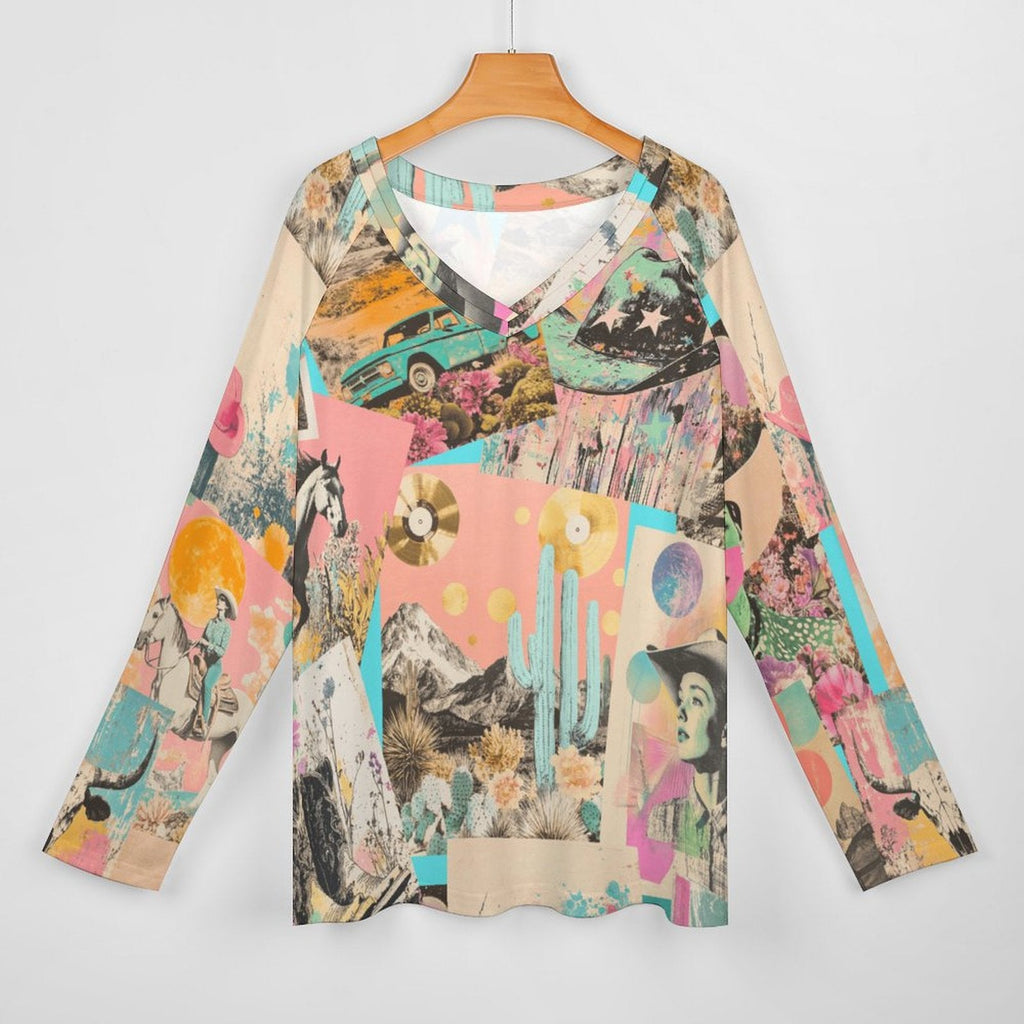 Baha Ranch Retro Pop Western Collage Long Sleeve Top