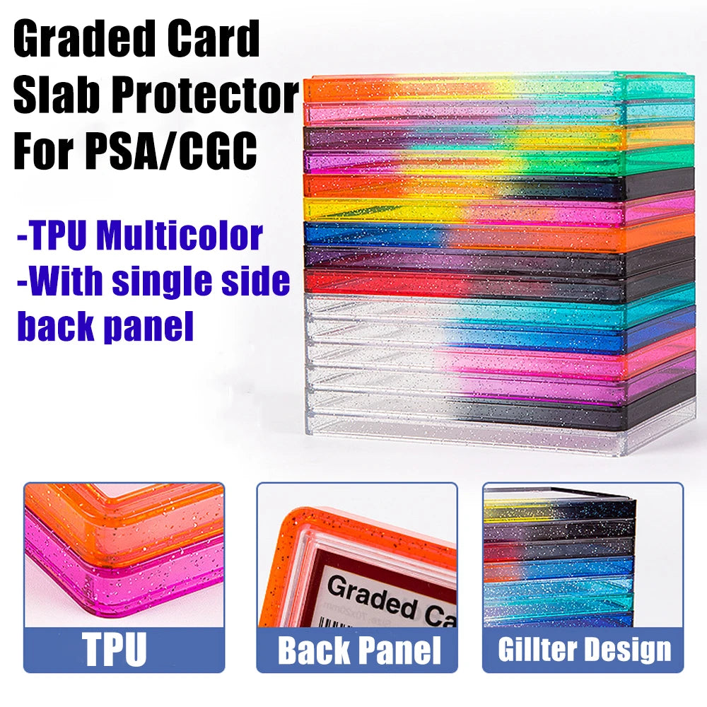 Stackable Slab Case for PSA CGC 35PT Graded Card, TPU Slab Bumper Protector with Back Panel ,Multicolor Gillter, For PTCG