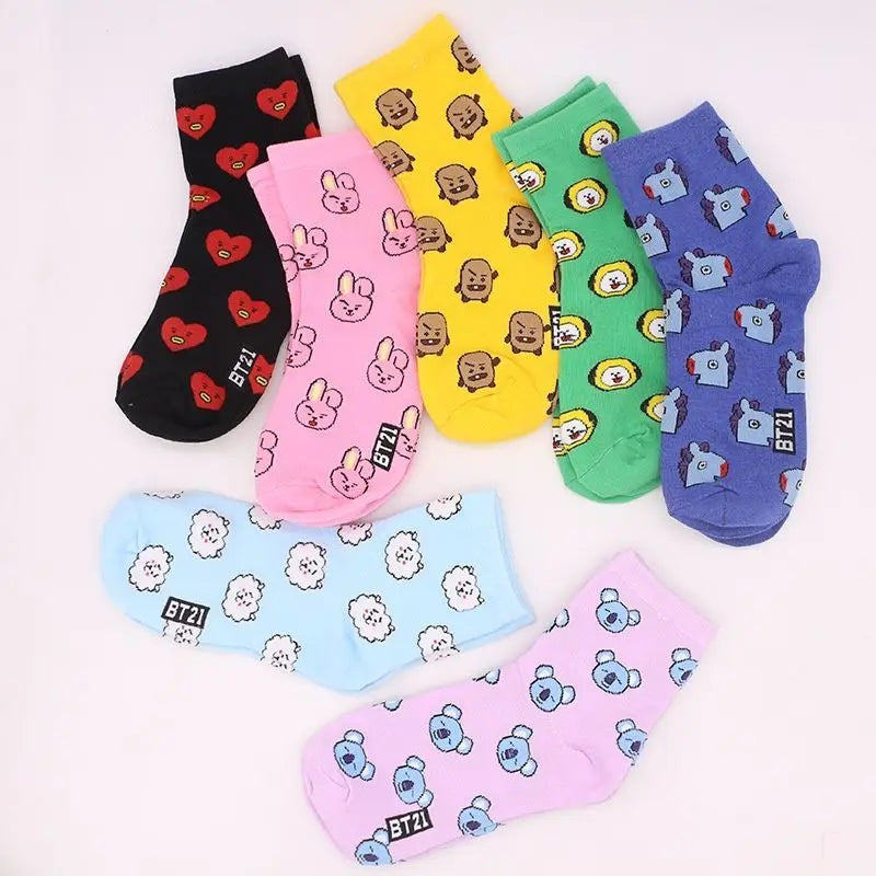 BT21 Koya RJ Cooky Shooky Tata mid-calf socks creative high-fashion anime cartoon print couple autumn and winter warm long socks
