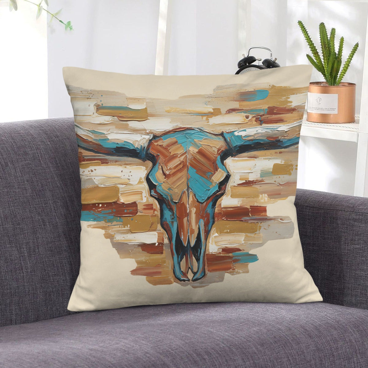 Baha Ranch Painted Tan Longhorn Velvety Soft Pillow Case Made in America