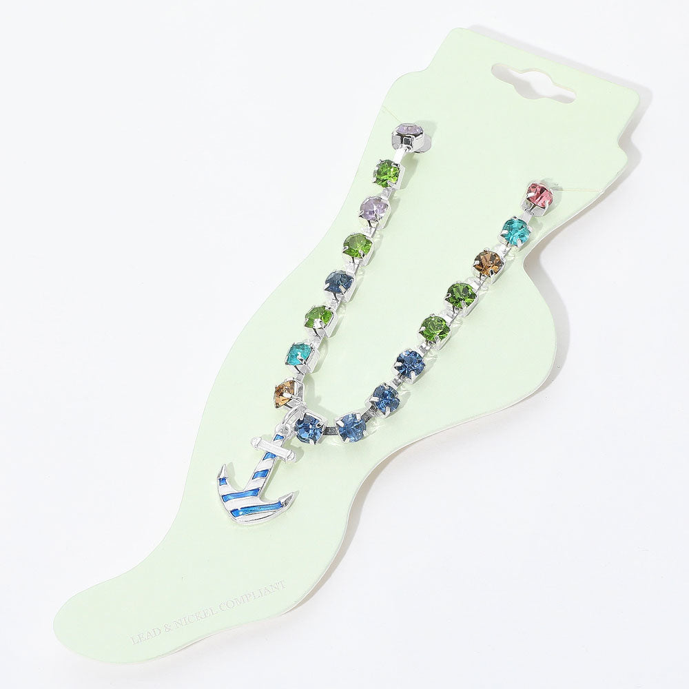Enamel Anchor Charm Round Stone Anklet