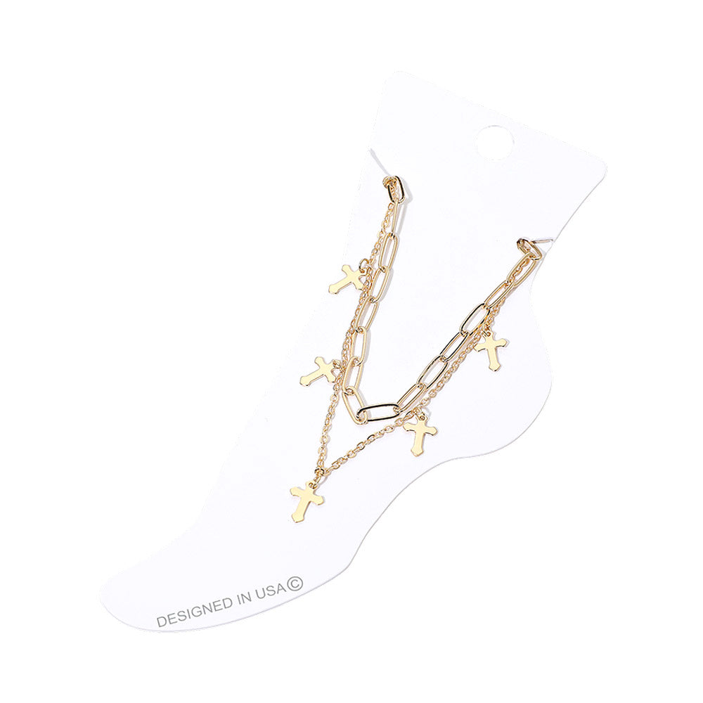 Cross Charm Station Layered Chain Anklet