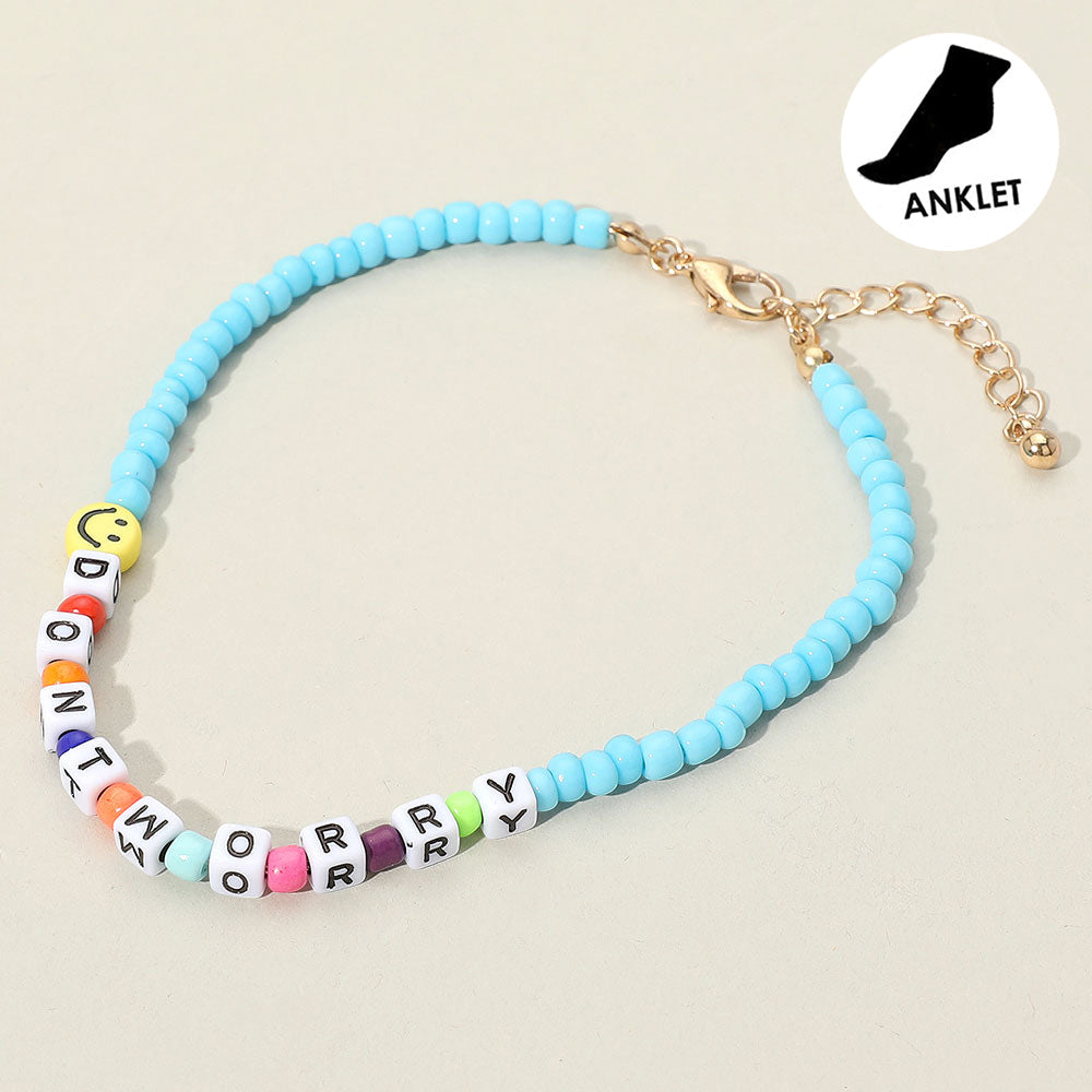 Smile DONT WORRY Message Charm Beaded Anklet
