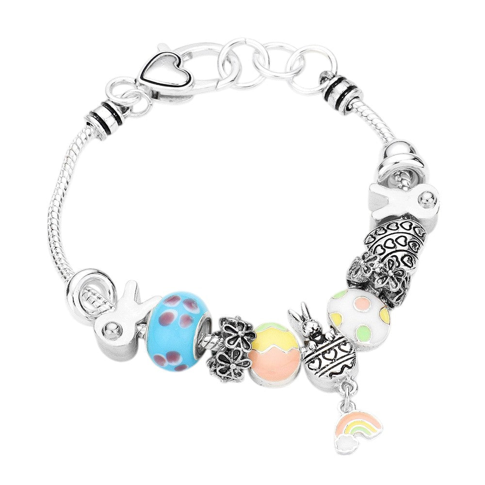 Metal Easter Bunny Enamel Egg Rainbow Bead Charm Bracelet