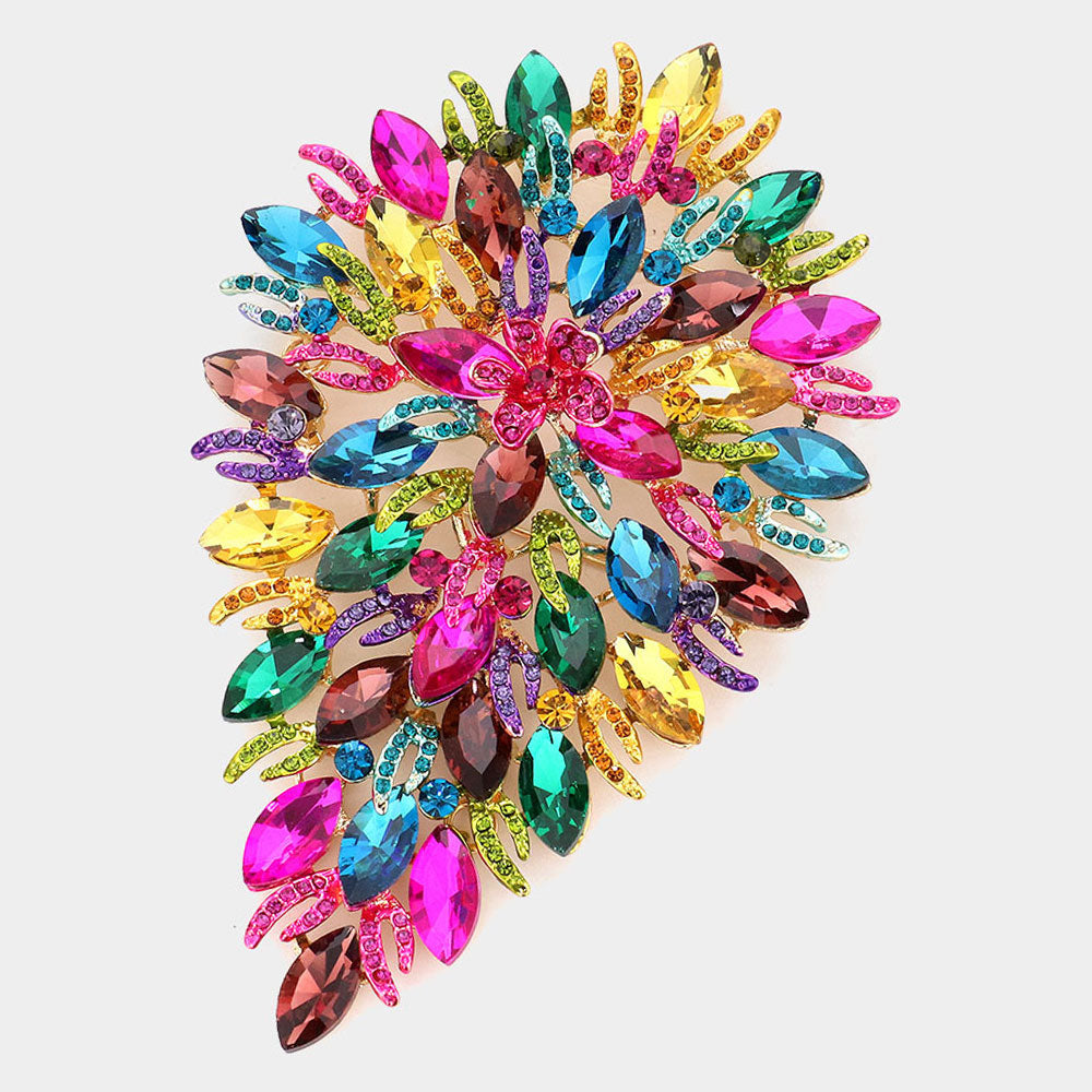 Flower Centered Marquise Stone Cluster Vine Pin Brooch