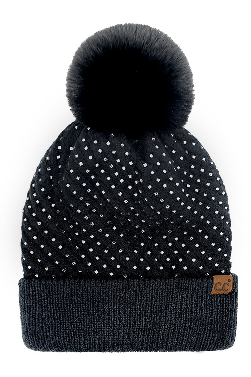 C.C Allover Rhinestone Pom Beanie