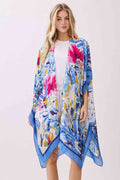 Abstract Floral Print and Solid Color Edge Silky Feel Kimono