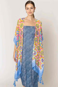 Tile Print Stripe Edge Tassel Kimono