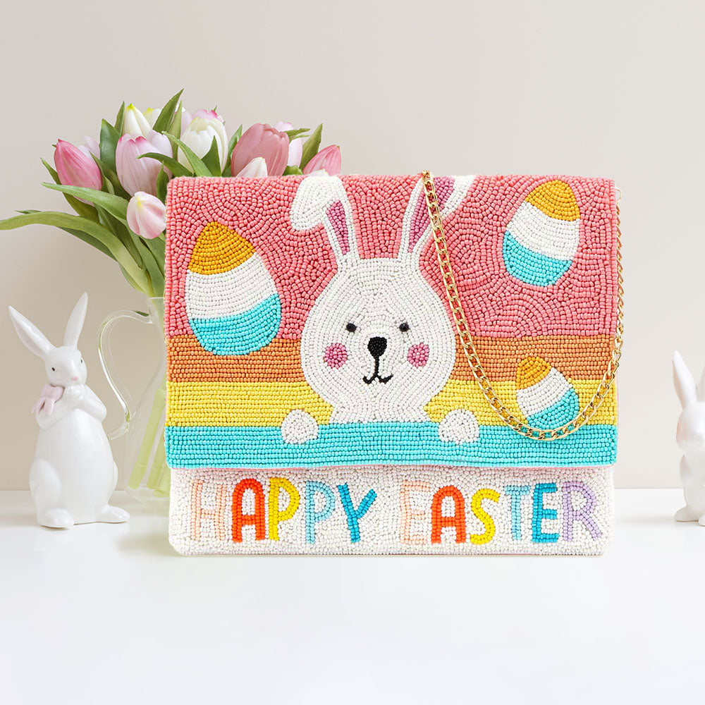 HAPPY EASTER Message Seed Beaded Easter Bunny Clutch / Crossbody Bag