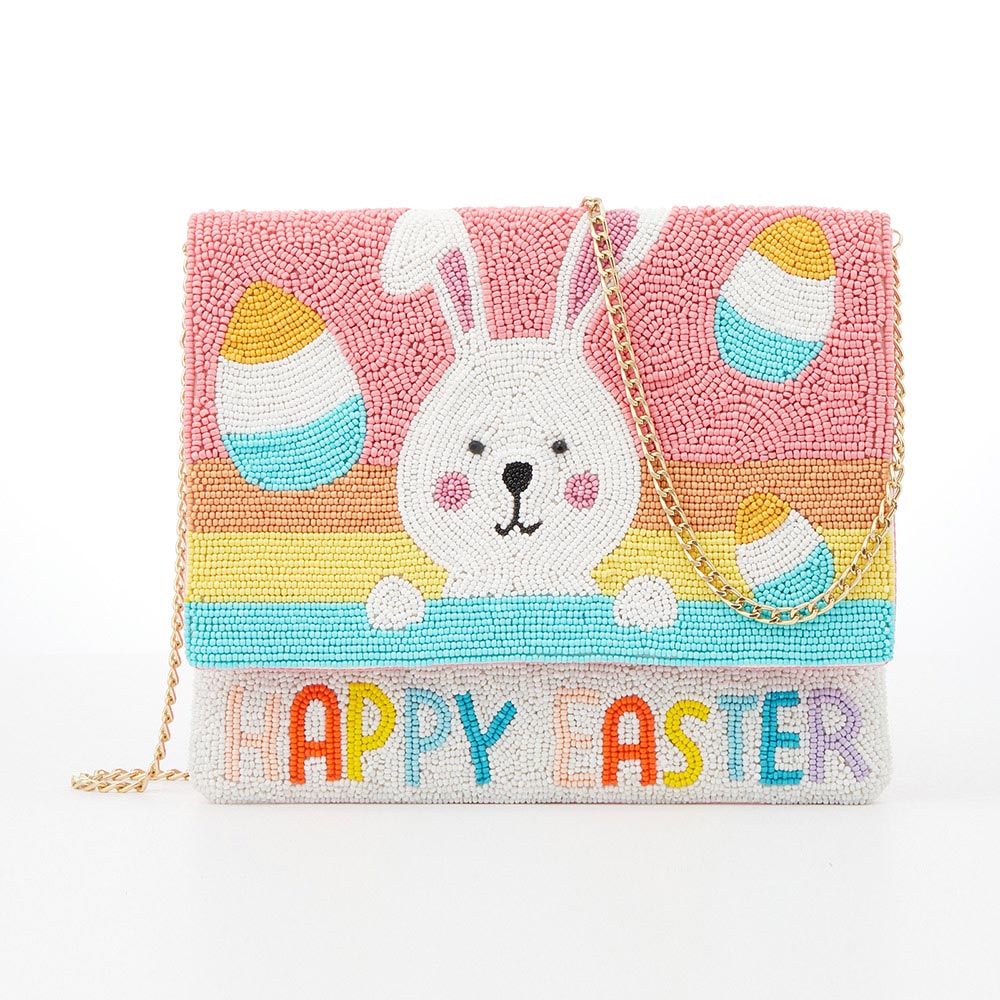 HAPPY EASTER Message Seed Beaded Easter Bunny Clutch / Crossbody Bag
