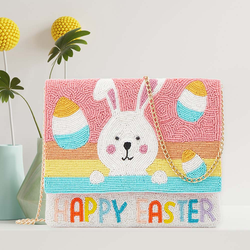 HAPPY EASTER Message Seed Beaded Easter Bunny Clutch / Crossbody Bag