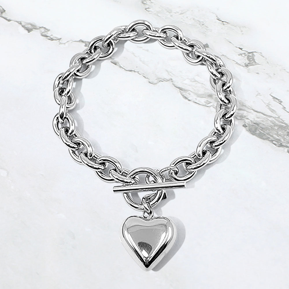 Stainless Steel Puffy Heart Charm Toggle Bracelet