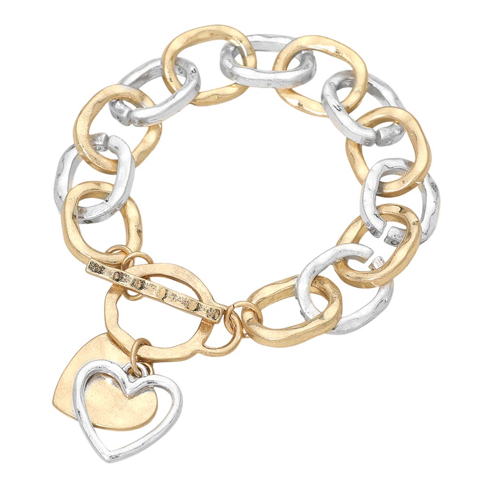 Hammered Layered Heart Charm Chunky Chain Toggle Bracelet