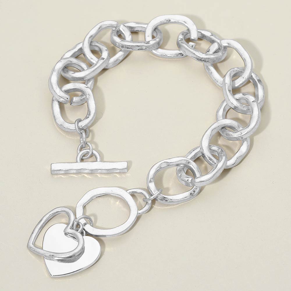 Hammered Layered Heart Charm Chunky Chain Toggle Bracelet