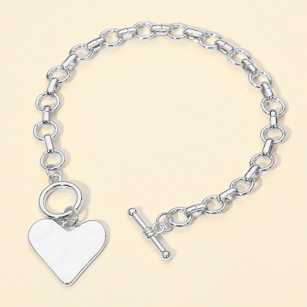 Hammered Metal Heart Charm Chain Link Toggle Bracelet